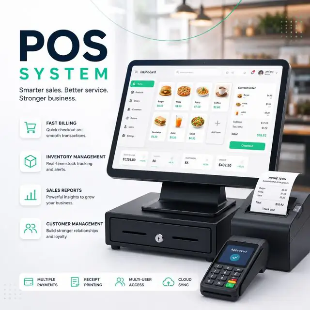 Prime Tech POS system — billing, inventory, and payments